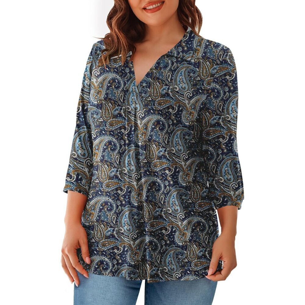 Plus Size Women's Tops Rayon Spandex 3/4 Sleeve V Neck Casual Blouse - Picture 2 of 6